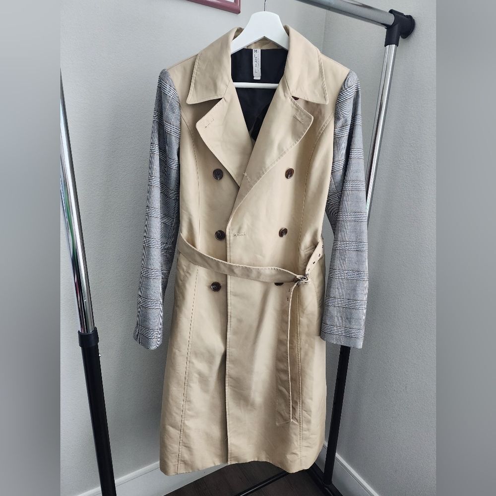Mural Tan and Gray Plaid Women's Trench Coat